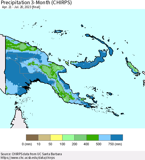 Papua New Guinea Precipitation 3-Month (CHIRPS) Thematic Map For 4/21/2023 - 7/20/2023