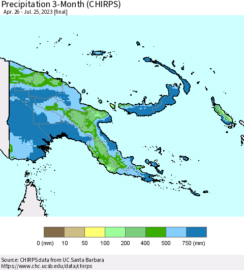 Papua New Guinea Precipitation 3-Month (CHIRPS) Thematic Map For 4/26/2023 - 7/25/2023