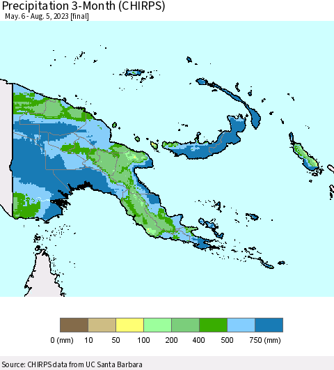 Papua New Guinea Precipitation 3-Month (CHIRPS) Thematic Map For 5/6/2023 - 8/5/2023