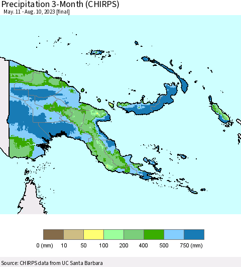 Papua New Guinea Precipitation 3-Month (CHIRPS) Thematic Map For 5/11/2023 - 8/10/2023