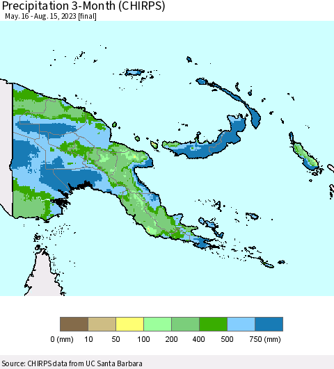 Papua New Guinea Precipitation 3-Month (CHIRPS) Thematic Map For 5/16/2023 - 8/15/2023