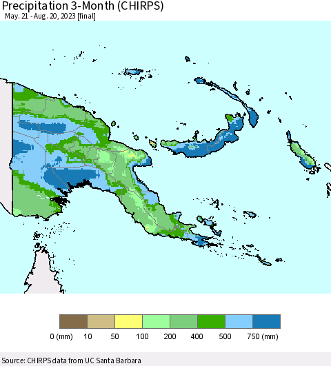 Papua New Guinea Precipitation 3-Month (CHIRPS) Thematic Map For 5/21/2023 - 8/20/2023