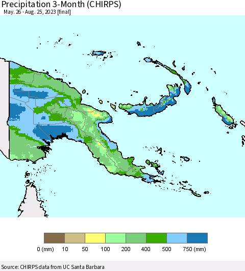 Papua New Guinea Precipitation 3-Month (CHIRPS) Thematic Map For 5/26/2023 - 8/25/2023