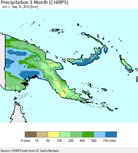 Papua New Guinea Precipitation 3-Month (CHIRPS) Thematic Map For 6/1/2023 - 8/31/2023
