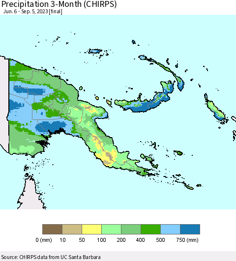 Papua New Guinea Precipitation 3-Month (CHIRPS) Thematic Map For 6/6/2023 - 9/5/2023