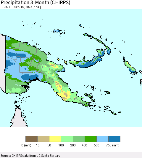 Papua New Guinea Precipitation 3-Month (CHIRPS) Thematic Map For 6/11/2023 - 9/10/2023