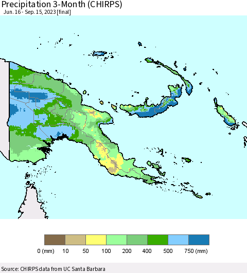 Papua New Guinea Precipitation 3-Month (CHIRPS) Thematic Map For 6/16/2023 - 9/15/2023