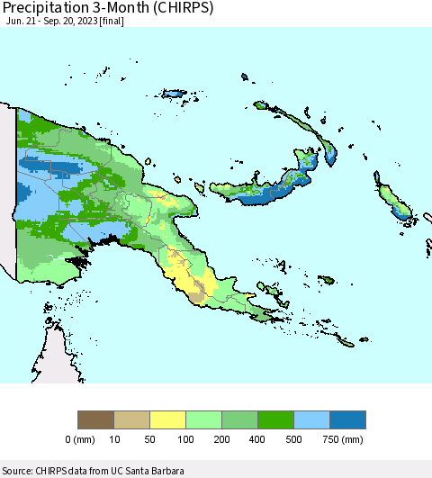 Papua New Guinea Precipitation 3-Month (CHIRPS) Thematic Map For 6/21/2023 - 9/20/2023
