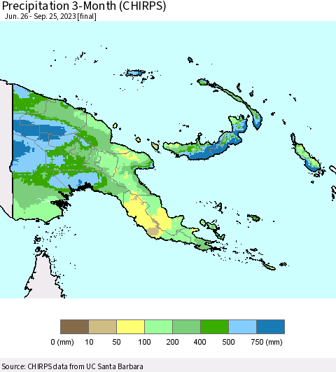 Papua New Guinea Precipitation 3-Month (CHIRPS) Thematic Map For 6/26/2023 - 9/25/2023