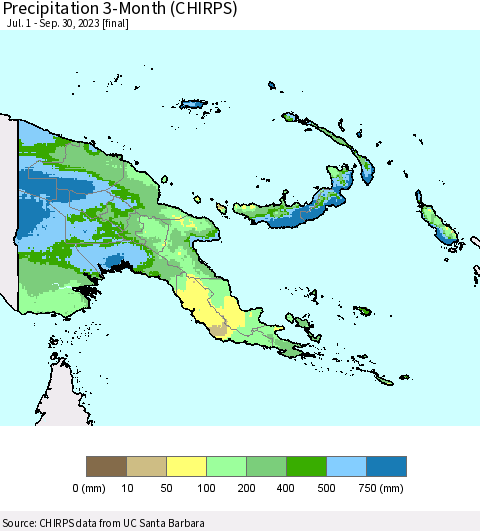 Papua New Guinea Precipitation 3-Month (CHIRPS) Thematic Map For 7/1/2023 - 9/30/2023
