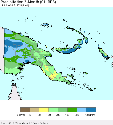 Papua New Guinea Precipitation 3-Month (CHIRPS) Thematic Map For 7/6/2023 - 10/5/2023
