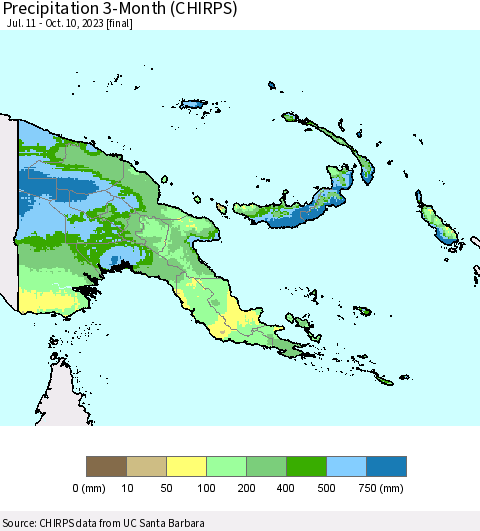 Papua New Guinea Precipitation 3-Month (CHIRPS) Thematic Map For 7/11/2023 - 10/10/2023