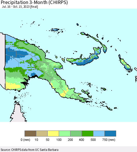 Papua New Guinea Precipitation 3-Month (CHIRPS) Thematic Map For 7/16/2023 - 10/15/2023