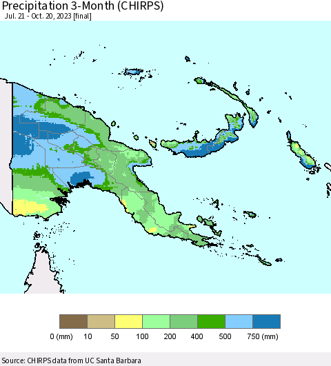 Papua New Guinea Precipitation 3-Month (CHIRPS) Thematic Map For 7/21/2023 - 10/20/2023