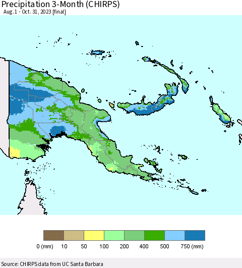Papua New Guinea Precipitation 3-Month (CHIRPS) Thematic Map For 8/1/2023 - 10/31/2023