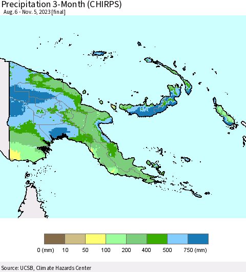 Papua New Guinea Precipitation 3-Month (CHIRPS) Thematic Map For 8/6/2023 - 11/5/2023