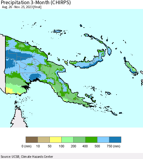 Papua New Guinea Precipitation 3-Month (CHIRPS) Thematic Map For 8/26/2023 - 11/25/2023