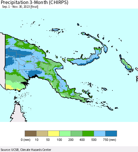 Papua New Guinea Precipitation 3-Month (CHIRPS) Thematic Map For 9/1/2023 - 11/30/2023