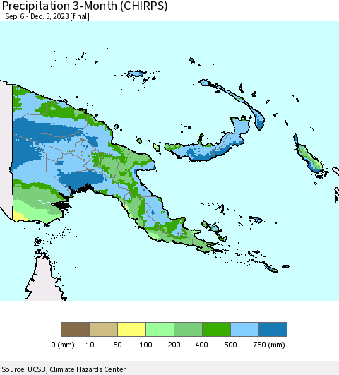 Papua New Guinea Precipitation 3-Month (CHIRPS) Thematic Map For 9/6/2023 - 12/5/2023