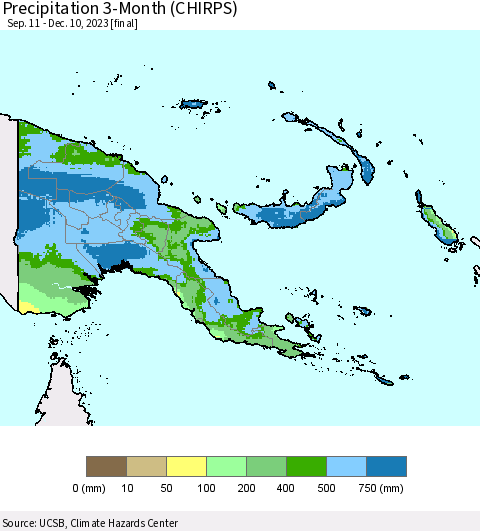 Papua New Guinea Precipitation 3-Month (CHIRPS) Thematic Map For 9/11/2023 - 12/10/2023