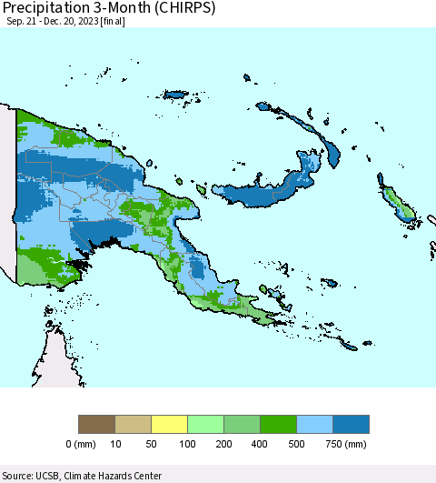 Papua New Guinea Precipitation 3-Month (CHIRPS) Thematic Map For 9/21/2023 - 12/20/2023