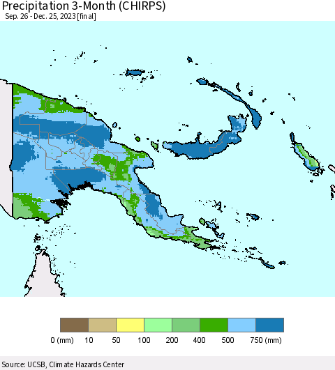 Papua New Guinea Precipitation 3-Month (CHIRPS) Thematic Map For 9/26/2023 - 12/25/2023