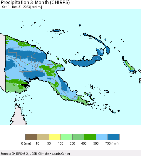 Papua New Guinea Precipitation 3-Month (CHIRPS) Thematic Map For 10/1/2023 - 12/31/2023
