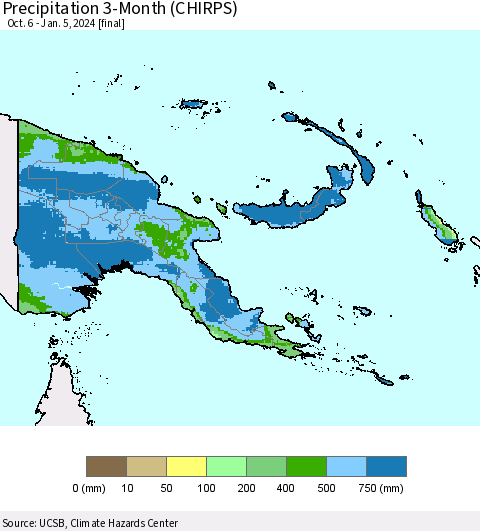 Papua New Guinea Precipitation 3-Month (CHIRPS) Thematic Map For 10/6/2023 - 1/5/2024