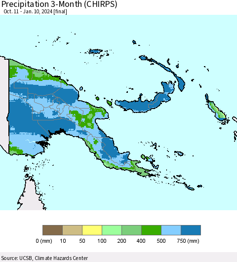 Papua New Guinea Precipitation 3-Month (CHIRPS) Thematic Map For 10/11/2023 - 1/10/2024