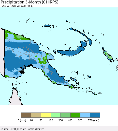 Papua New Guinea Precipitation 3-Month (CHIRPS) Thematic Map For 10/21/2023 - 1/20/2024