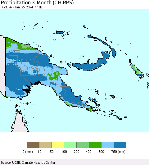 Papua New Guinea Precipitation 3-Month (CHIRPS) Thematic Map For 10/26/2023 - 1/25/2024
