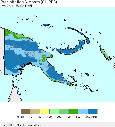 Papua New Guinea Precipitation 3-Month (CHIRPS) Thematic Map For 11/1/2023 - 1/31/2024