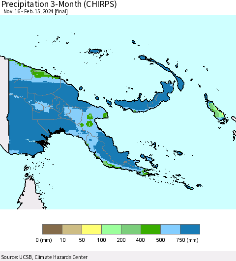 Papua New Guinea Precipitation 3-Month (CHIRPS) Thematic Map For 11/16/2023 - 2/15/2024