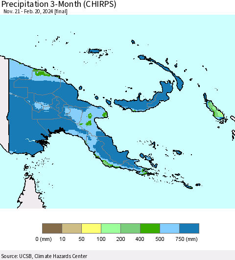 Papua New Guinea Precipitation 3-Month (CHIRPS) Thematic Map For 11/21/2023 - 2/20/2024