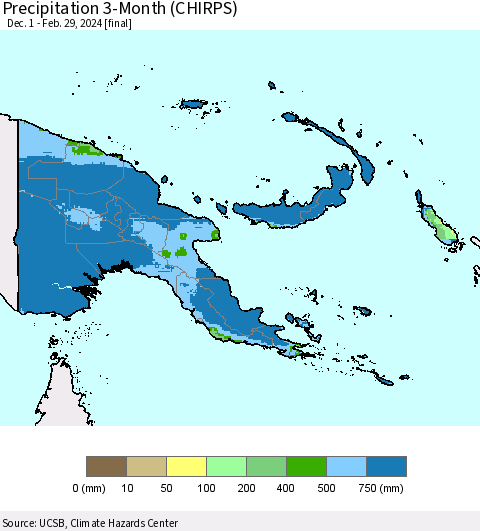 Papua New Guinea Precipitation 3-Month (CHIRPS) Thematic Map For 12/1/2023 - 2/29/2024