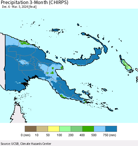 Papua New Guinea Precipitation 3-Month (CHIRPS) Thematic Map For 12/6/2023 - 3/5/2024