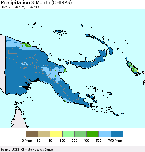 Papua New Guinea Precipitation 3-Month (CHIRPS) Thematic Map For 12/26/2023 - 3/25/2024