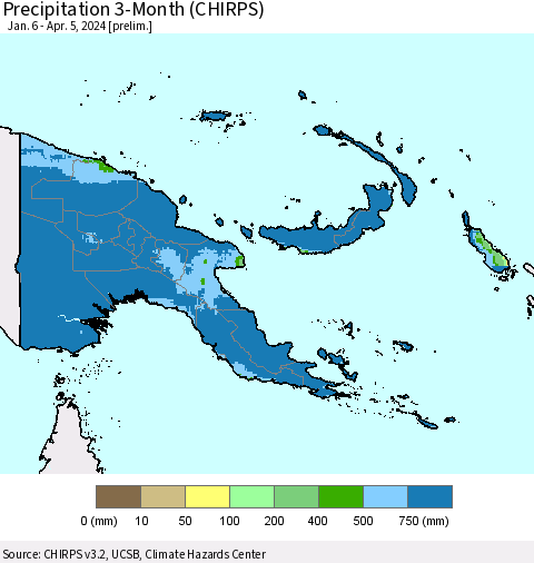 Papua New Guinea Precipitation 3-Month (CHIRPS) Thematic Map For 1/6/2024 - 4/5/2024