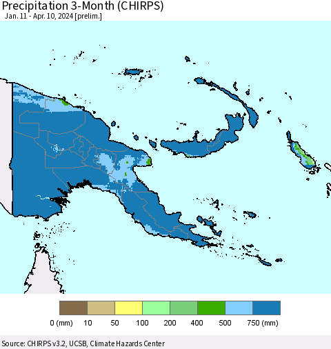Papua New Guinea Precipitation 3-Month (CHIRPS) Thematic Map For 1/11/2024 - 4/10/2024