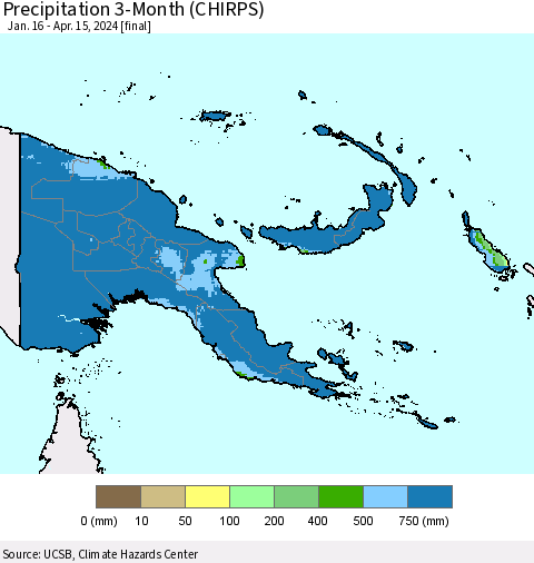 Papua New Guinea Precipitation 3-Month (CHIRPS) Thematic Map For 1/16/2024 - 4/15/2024
