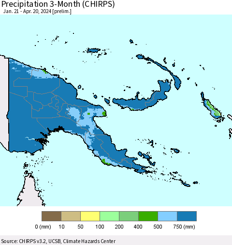 Papua New Guinea Precipitation 3-Month (CHIRPS) Thematic Map For 1/21/2024 - 4/20/2024