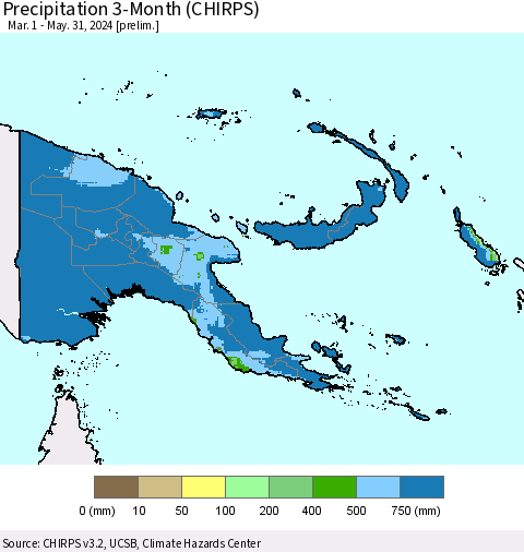 Papua New Guinea Precipitation 3-Month (CHIRPS) Thematic Map For 3/1/2024 - 5/31/2024