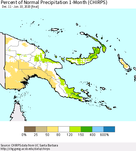 Papua New Guinea Percent of Normal Precipitation 1-Month (CHIRPS) Thematic Map For 12/11/2019 - 1/10/2020