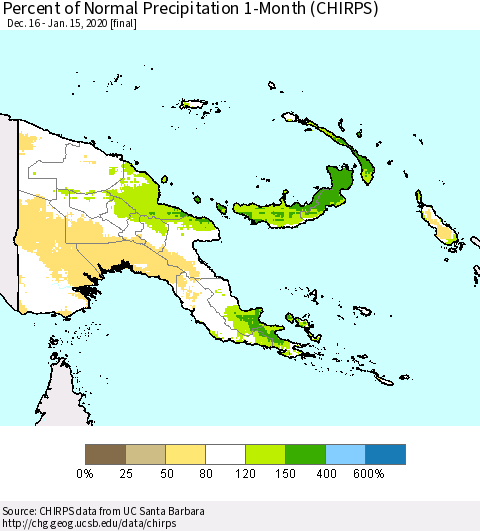 Papua New Guinea Percent of Normal Precipitation 1-Month (CHIRPS) Thematic Map For 12/16/2019 - 1/15/2020