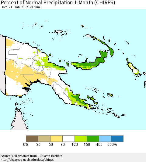 Papua New Guinea Percent of Normal Precipitation 1-Month (CHIRPS) Thematic Map For 12/21/2019 - 1/20/2020