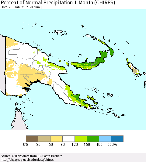 Papua New Guinea Percent of Normal Precipitation 1-Month (CHIRPS) Thematic Map For 12/26/2019 - 1/25/2020