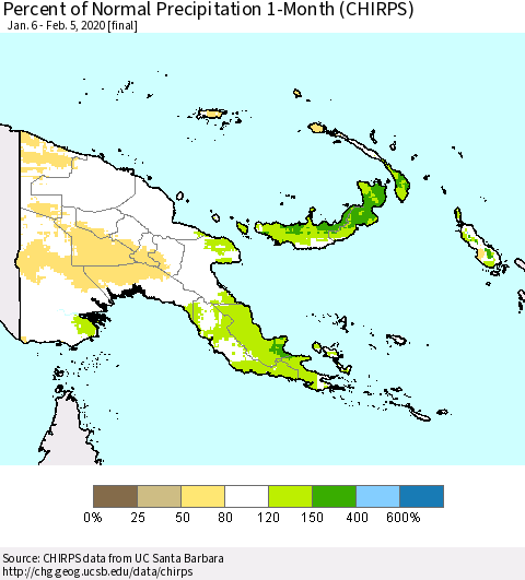 Papua New Guinea Percent of Normal Precipitation 1-Month (CHIRPS) Thematic Map For 1/6/2020 - 2/5/2020