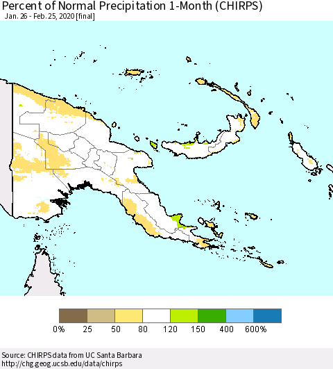 Papua New Guinea Percent of Normal Precipitation 1-Month (CHIRPS) Thematic Map For 1/26/2020 - 2/25/2020