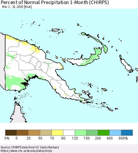 Papua New Guinea Percent of Normal Precipitation 1-Month (CHIRPS) Thematic Map For 3/1/2020 - 3/31/2020