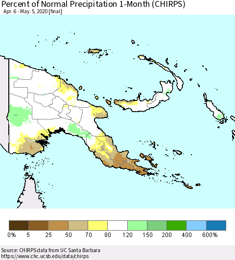 Papua New Guinea Percent of Normal Precipitation 1-Month (CHIRPS) Thematic Map For 4/6/2020 - 5/5/2020